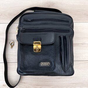 Vintage 90s Porox Genuine Leather Gold Hardware Crossbody Travel Bag Lock & Key